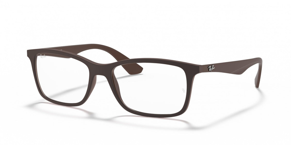 Ray-Ban RX7047 prescription frames, dark brown full-rim with angled view