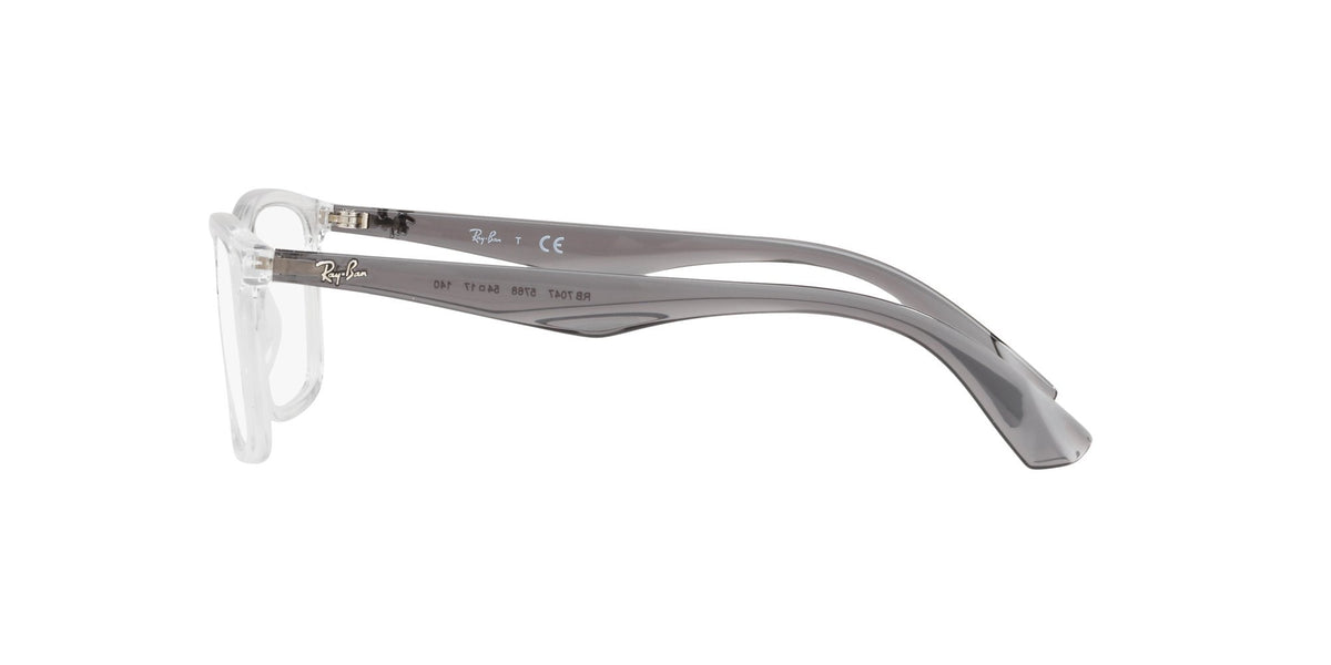 Clear eyeglass frames with dark brown temples, side view showing hinge