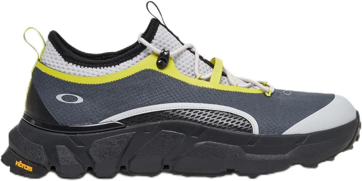Grey and white lace-up sneaker with neon yellow trim, cushioned sole and black heel