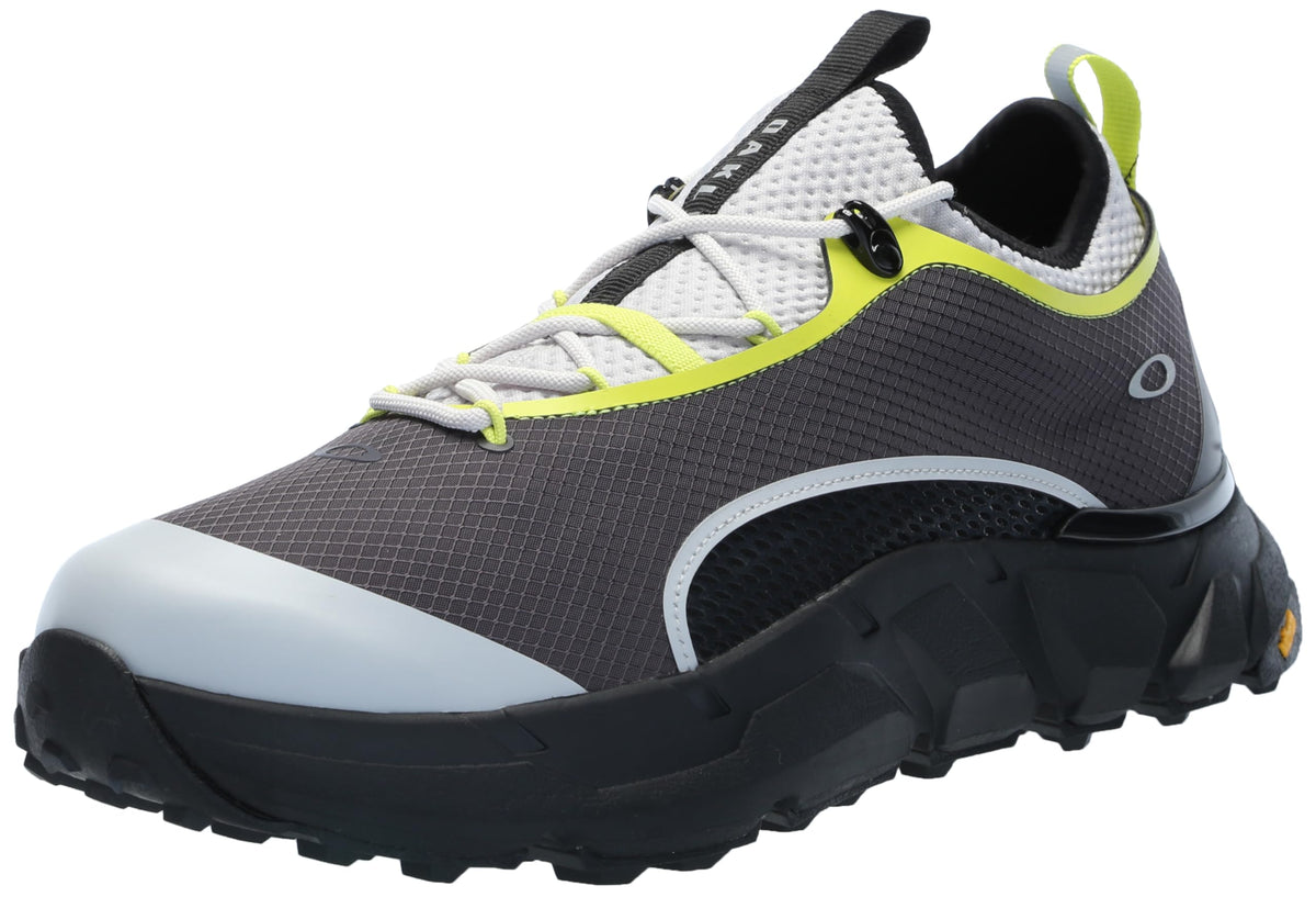 Grey and yellow trail sneaker with black outsole, lace-up and padded collar
