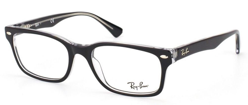 Black rectangular prescription eyewear frames with glossy temples and Ray-Ban logo