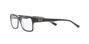 Black rectangular eyeglass frames, side profile with clear demo lens and Ray-Ban logo