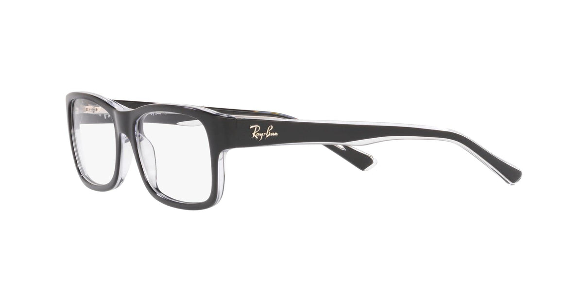 Black rectangular eyeglass frames, side profile with clear demo lens and Ray-Ban logo