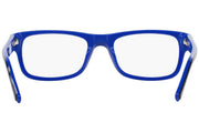 Bright blue rectangular prescription eyeglass frames with clear demo lenses
