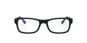 Matte black rectangular prescription eyeglass frames with clear demo lenses