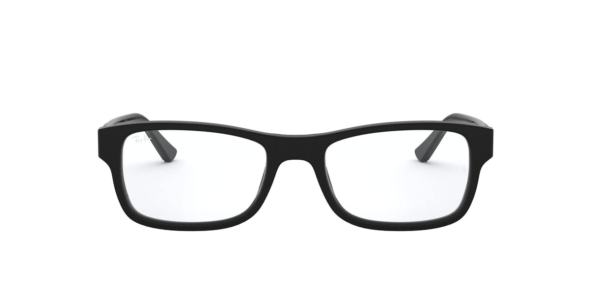 Matte black rectangular prescription eyeglass frames with clear demo lenses