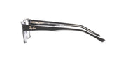 Black-and-metal eyeglass frames side view with clear demo lens and Ray-Ban logo