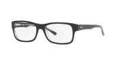 Black rectangular eyeglass frames with clear demo lenses and side temple Ray-Ban marking
