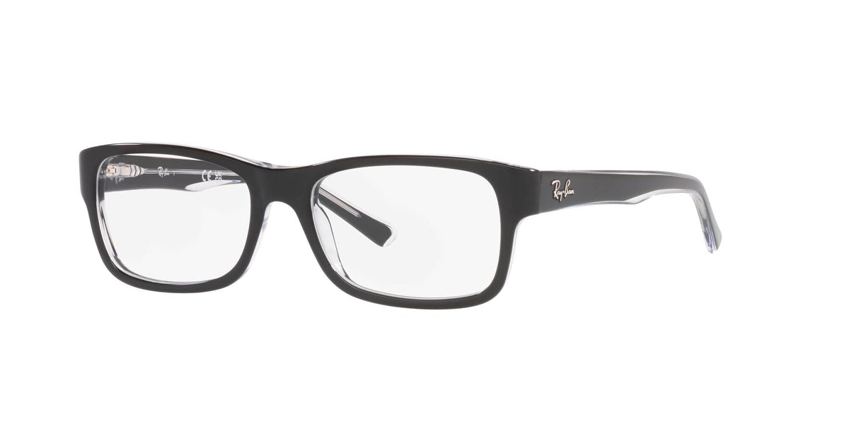 Black rectangular eyeglass frames with clear demo lenses and side temple Ray-Ban marking