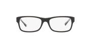 Black rectangular eyeglass frames with clear demo lenses and Ray-Ban logo on temple