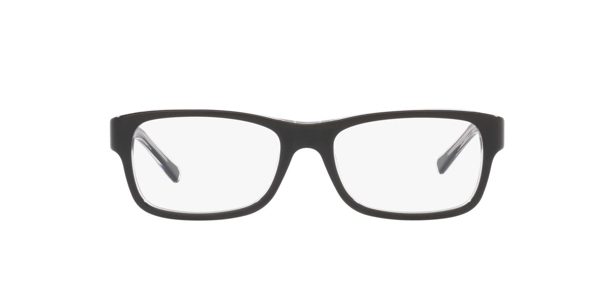 Black rectangular eyeglass frames with clear demo lenses and Ray-Ban logo on temple