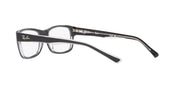 Gunmetal-black eyeglass frames, angled side view with clear demo lens and Ray-Ban logo