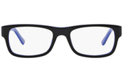 Black rectangular frames with blue temple tips and clear demo lenses
