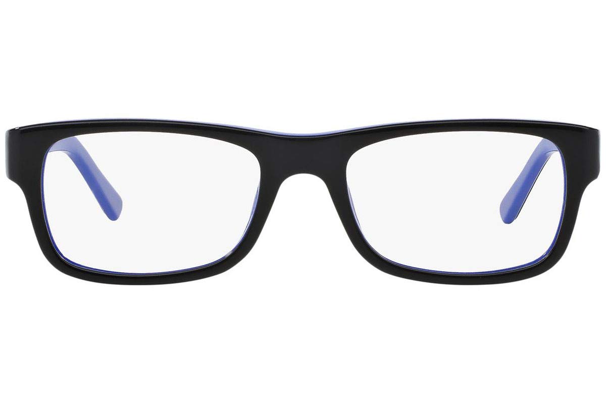 Black rectangular frames with blue temple tips and clear demo lenses