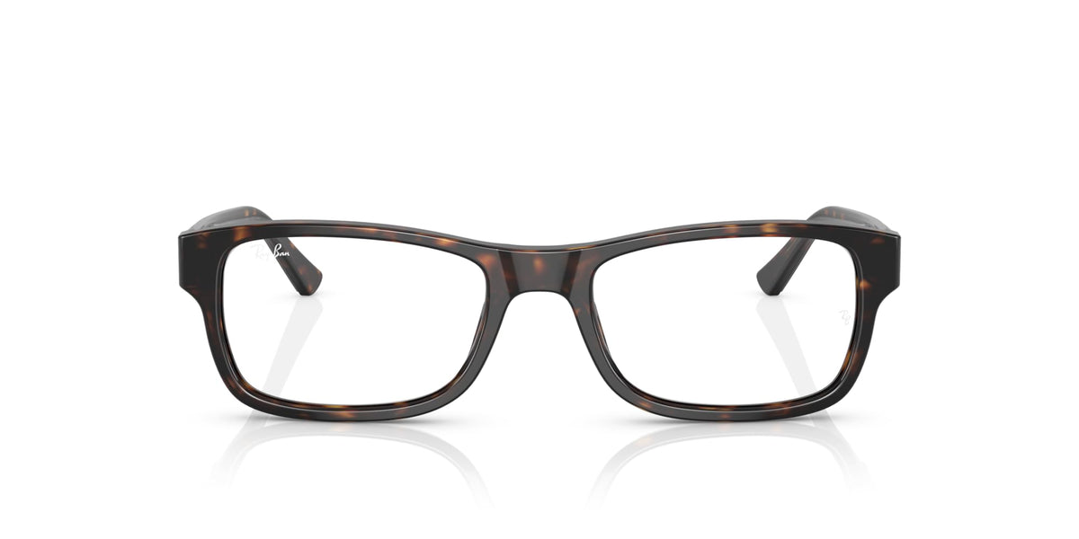 Havana patterned rectangular eyeglass frames with clear demo lenses and Ray-Ban logo