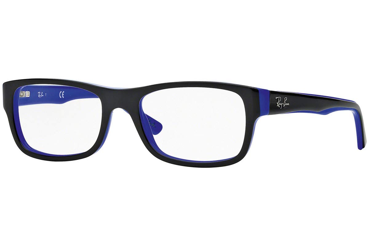 Black and blue rectangular prescription eyeglass frames with clear demo lenses