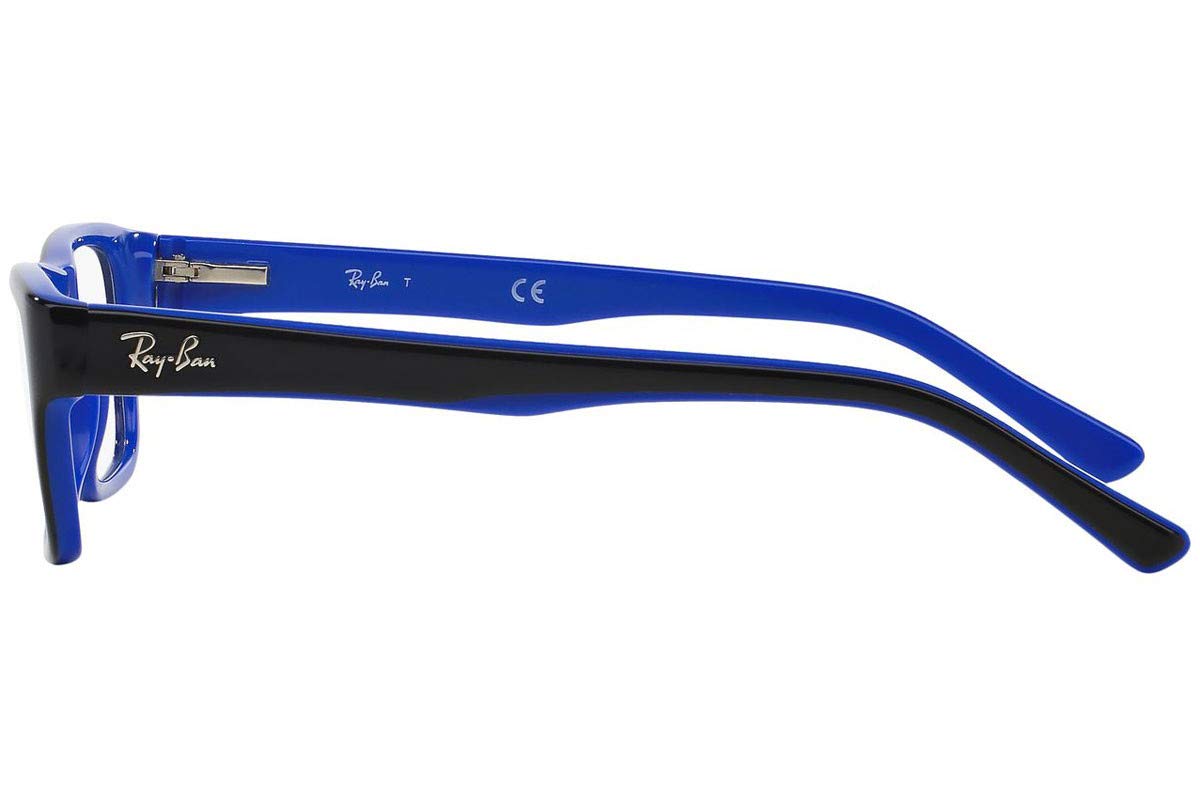 Blue rectangular eyeglass frames with clear demo lenses, side profile