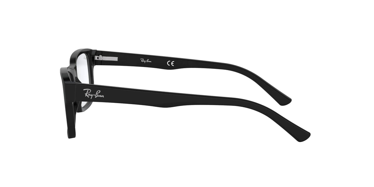Black rectangular eyeglass frames with clear demo lenses, angled side view
