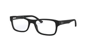 Black rectangular eyeglass frames with clear demo lenses and logo temple