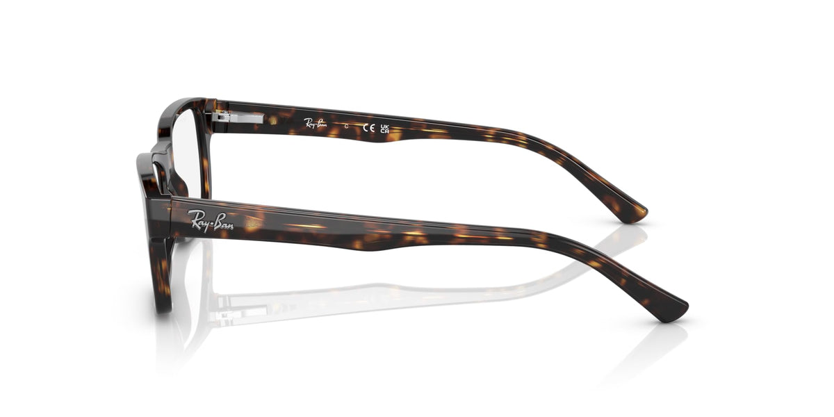 Havana tortoise eyeglass frames, close side view with clear demo lens and Ray-Ban logo