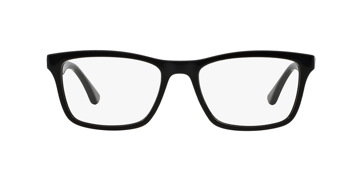 Black rectangular prescription eyewear frames, front view with clear demo lenses