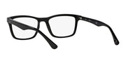 Black rectangular prescription eyewear frames, three-quarter side view with clear demo lenses