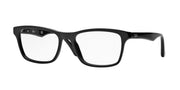 Black rectangular prescription eyewear frames, side profile view with clear demo lenses