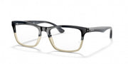 Blue-gray rectangular prescription eyewear frames with clear demo lenses, front angle view
