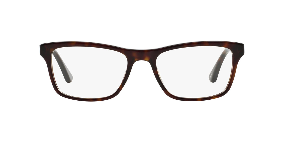Dark tortoiseshell rectangular prescription eyewear frames, centered front view with clear demo lenses