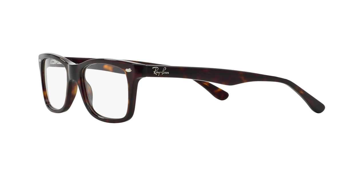 Ray-Ban prescription eyewear frames, dark havana tortoiseshell with side profile and clear lenses