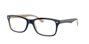 Dark blue rectangular eyeglass frames with clear demo lenses, full-rim front
