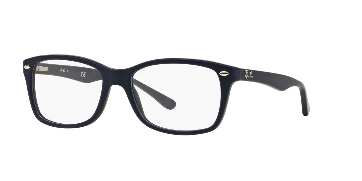 Dark navy full-rim prescription eyeglass frames with curved temples, side view.