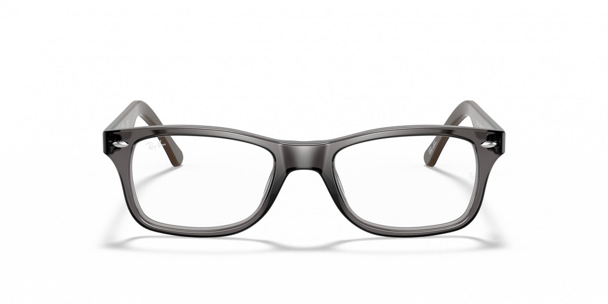 Grey full-rim prescription eyeglass frames with angled temples, front view.