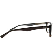 Black full-rim prescription eyeglass frames with tortoise accent on temple, side view.