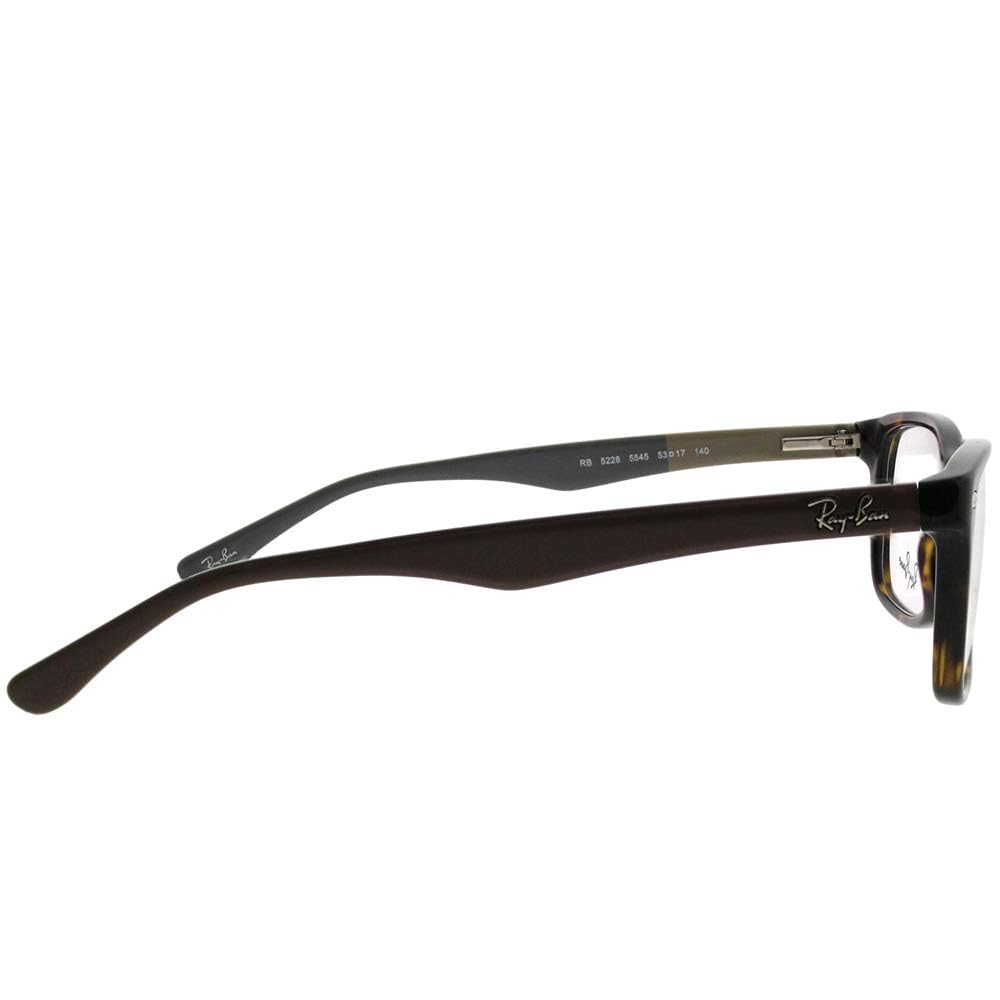 Black full-rim prescription eyeglass frames with tortoise accent on temple, side view.
