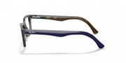 Clear and deep blue full-rim prescription eyeglass frames, side view.