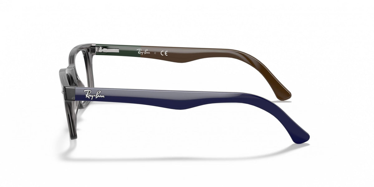 Clear and deep blue full-rim prescription eyeglass frames, side view.
