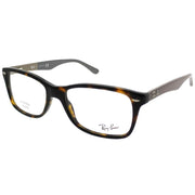 Dark tortoise and black full-rim prescription eyeglass frames, rectangular front view.