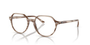 Havana brown prescription eyeglass frames, angled side view, round lens openings
