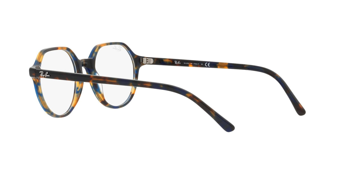 Multicolor striped eyeglass frames, round-rectangular lenses, black temples with tips