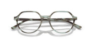 Striped olive-green prescription eyeglass frames, front view with clear lens openings