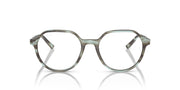 Striped olive-green prescription eyeglass frames, round lens openings, thin temple tips