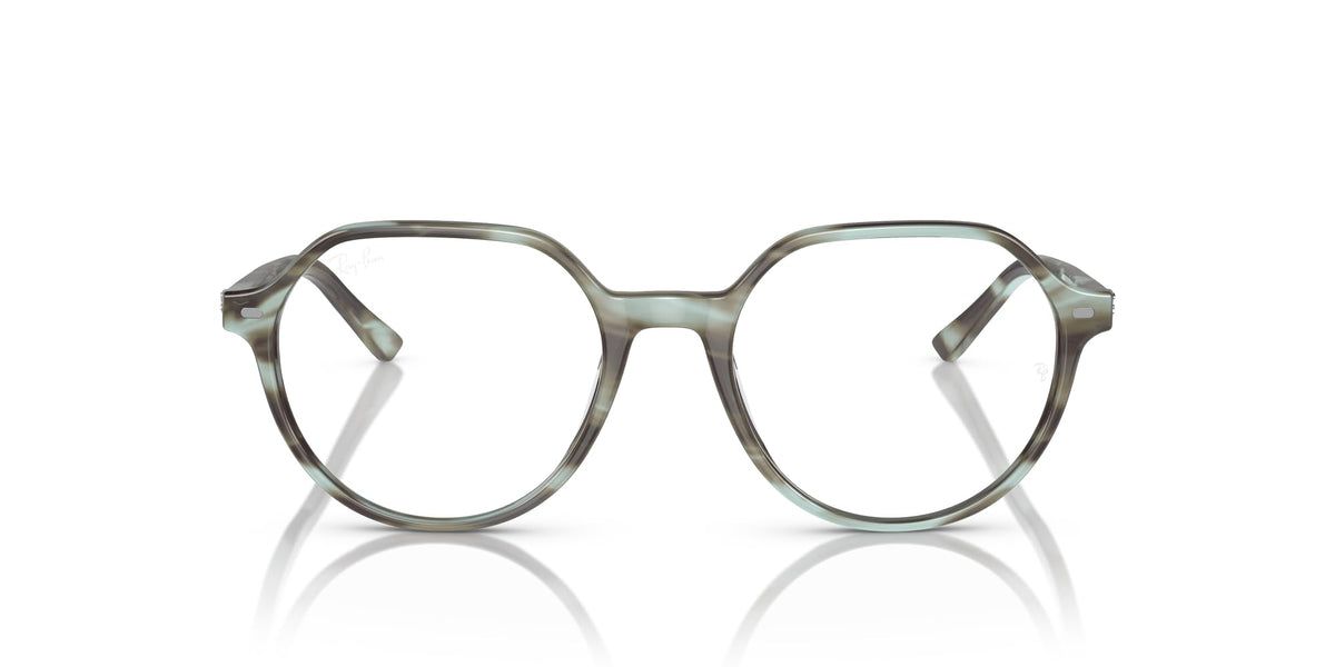 Striped olive-green prescription eyeglass frames, round lens openings, thin temple tips