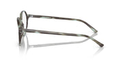 Striped olive-green prescription eyeglass frames, temple and hinge side view