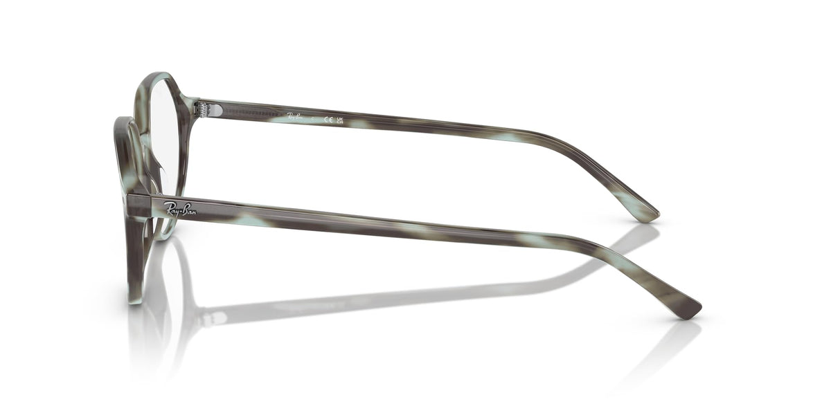 Striped olive-green prescription eyeglass frames, temple and hinge side view