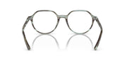 Striped olive-green prescription eyeglass frames, front view with round lens openings