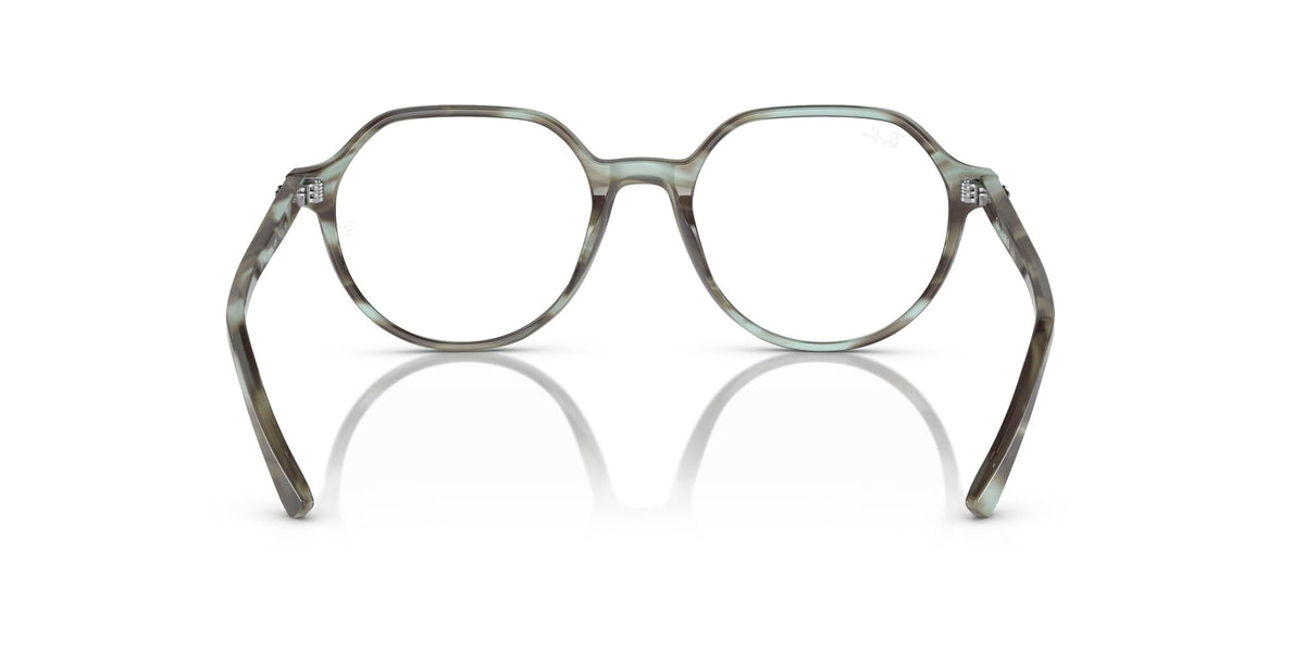 Striped olive-green prescription eyeglass frames, front view with round lens openings