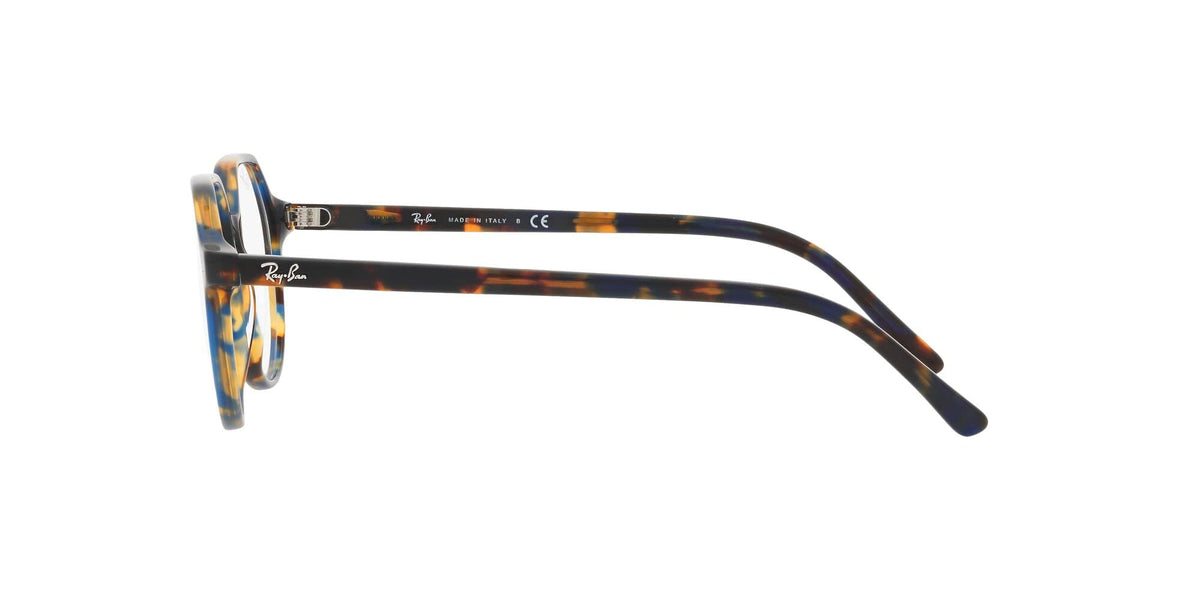 Multicolor striped eyeglass frames, rectangular front, dark arms with curved temples