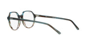 Blue-green transparent eyeglass frames with round lenses and curved metal temples