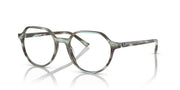 Striped olive-green prescription eyeglass frames, angled side view, round lens openings